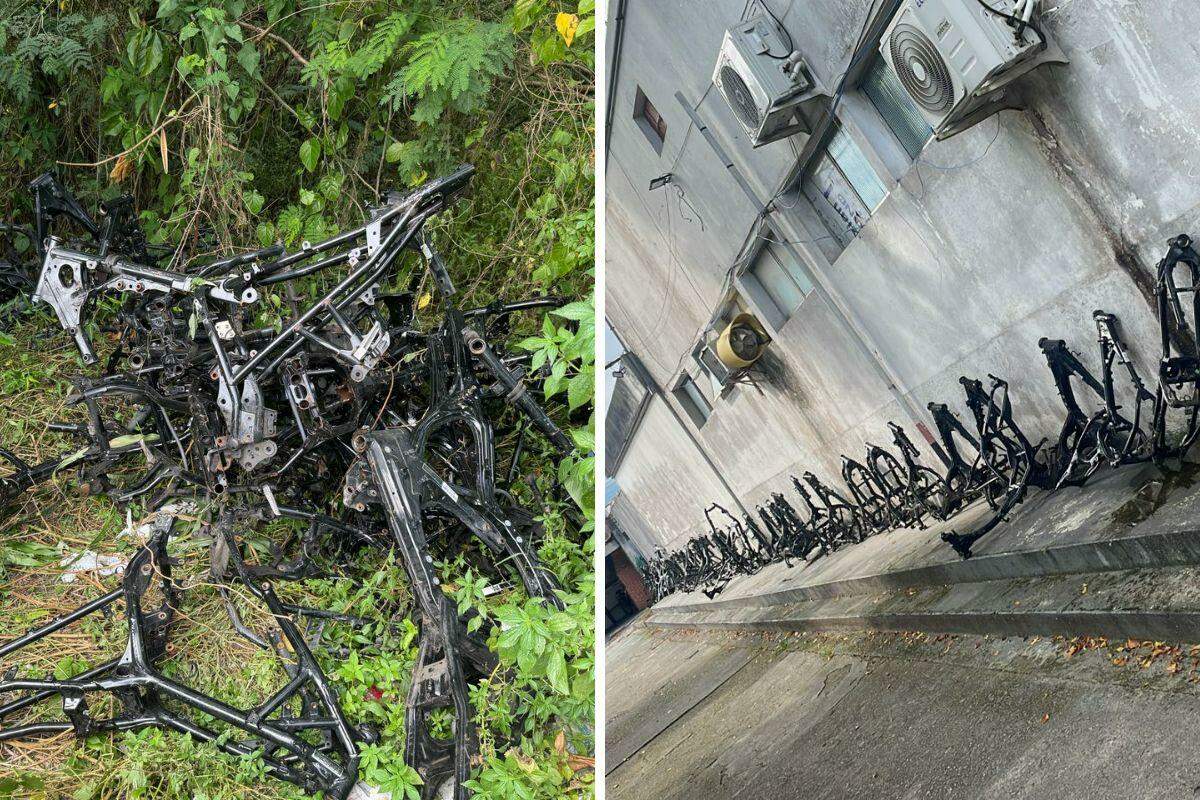 A Polícia Civil encontrou dezenas de quadros de motos roubadas e furtadas escondidas em uma área de mata no Tancredo Neves