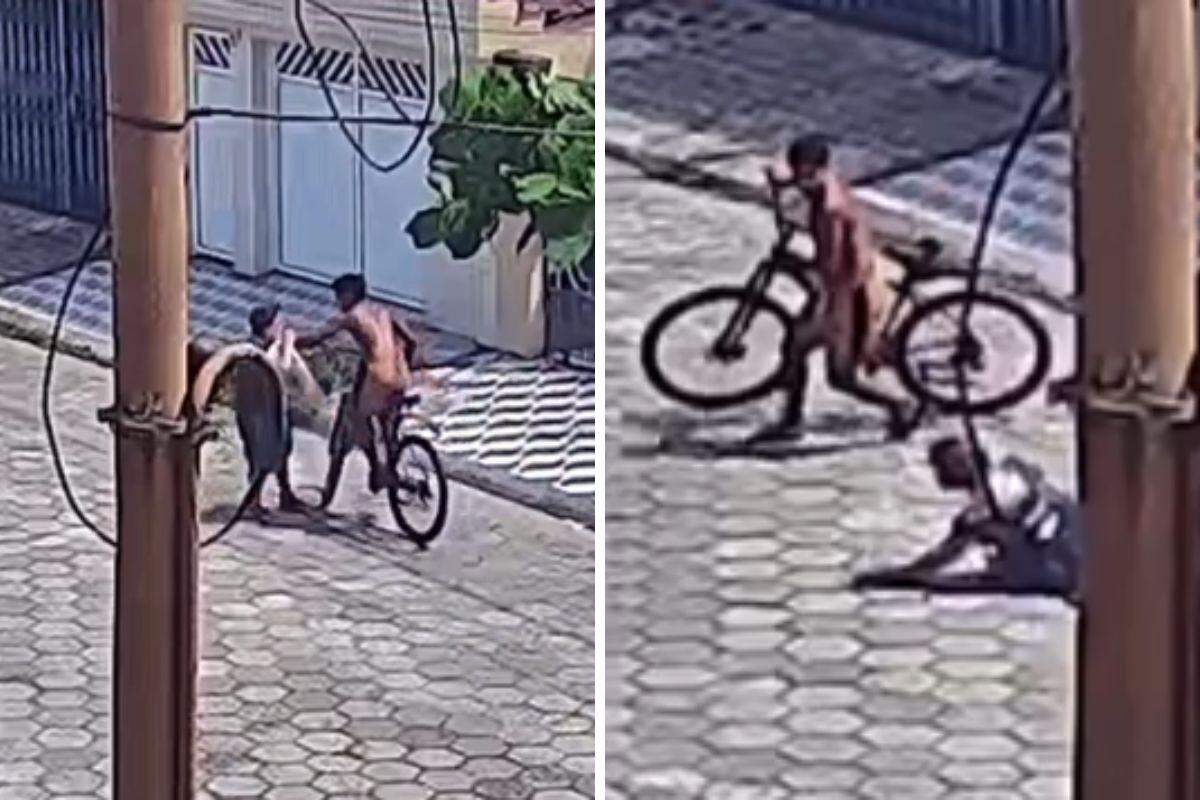 Câmeras de monitoramento flagraram o assalto que aconteceu na Rua Pedro Álvares Cabral, em São Vicente