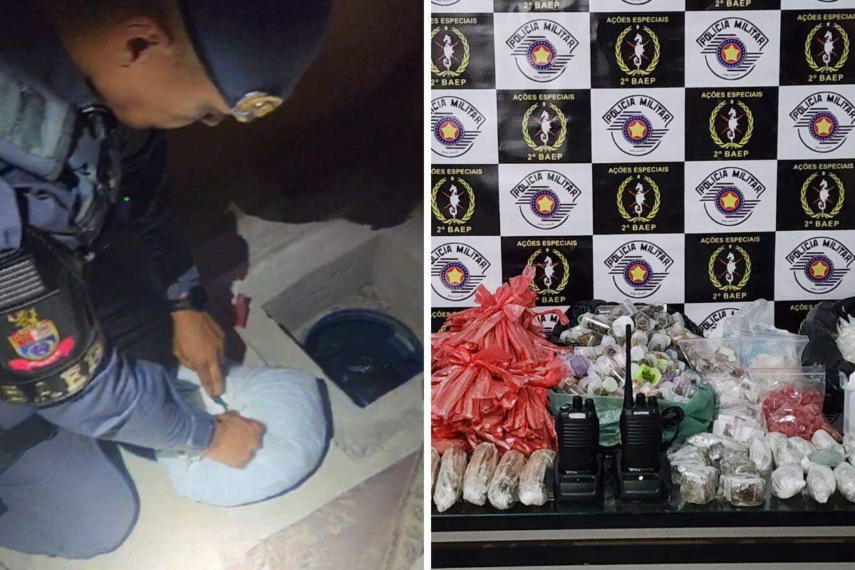 As drogas estavam escondidas num tonel concretado no subsolo do imóvel