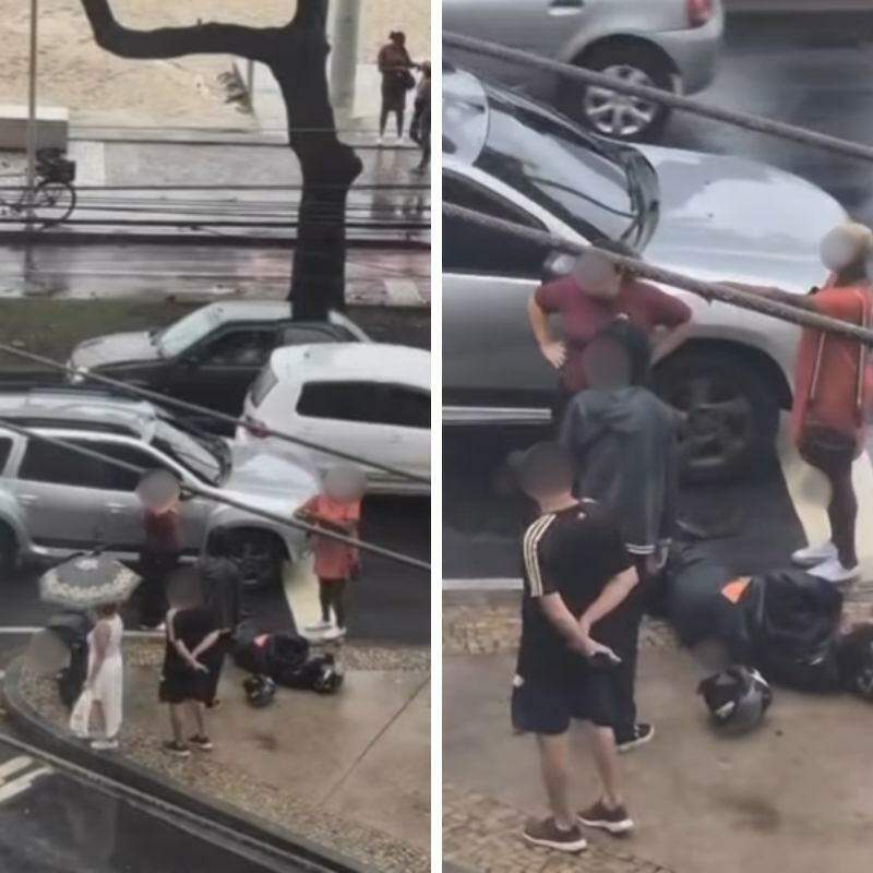 O motociclista ficou caído entre a calçada e a rua após se ferir na colisão com o carro