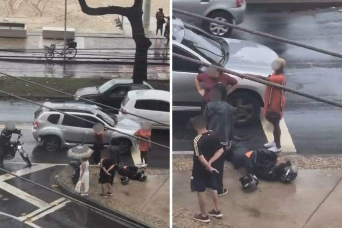 O motociclista ficou caído entre a calçada e a rua após se ferir na colisão com o carro
